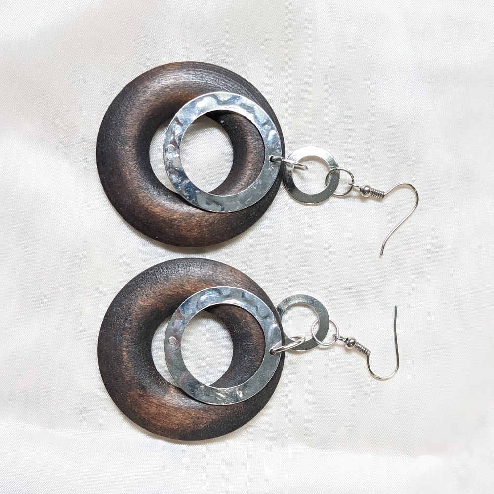 Wooden and beaten metal circle earrings